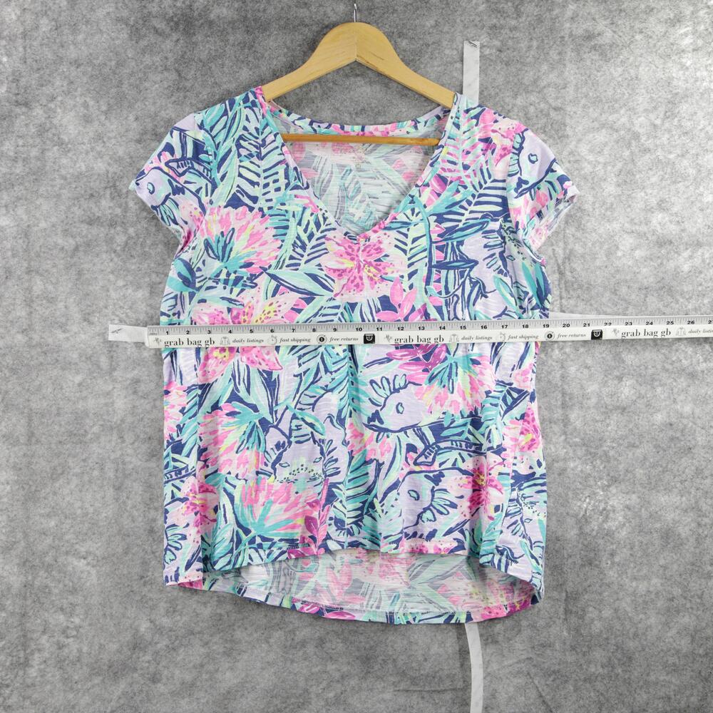 Lilly Pulitzer Shirt Womens Medium V Neck Short Sleeve Floral Tropical Summer - Picture 5 of 10